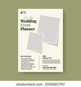 Flyer de impresión de Vertical de lujo o Plantilla de póster para planificador de eventos de boda, aniversario de Boda, fotógrafo de bodas, gestión de eventos, folleto o cartel de invitaciones de boda, folleto, diseño de folleto