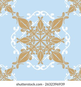Luxury Victorian Baroque Scroll Ornament Mythology European Expression with Gold White on Pastel Light Blue Background Elegance Delicate Pattern Seamless Detailed Repeat for Wallpaper Tile Textile Rug