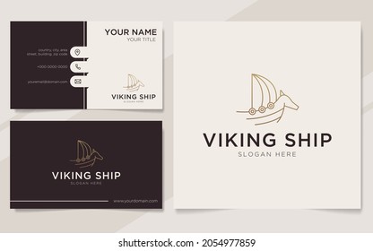 Luxury viking ship outline logo and business card template