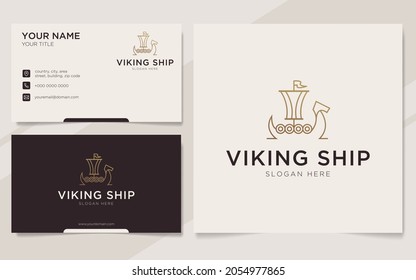 Luxury viking ship outline logo and business card template