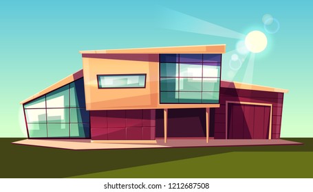 Luxury villa exterior, modern country cottage with garage, house with glass facade in scandinavian style cartoon vector illustration. Prestige real estate property, expensive dwelling in suburb