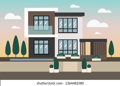 Luxury Villa in modern style. Сontemporary design. Flat vector illustration double decker house with big windows and garage. Luxury Villa in modern style. Сontemporary design.