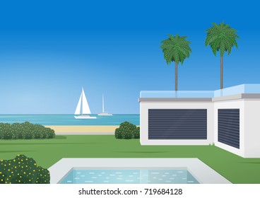 Luxury villa with swimming pool. Regatta. Retro poster style. Vector illustration.