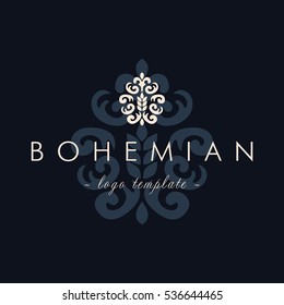 Luxury Vintage Baroque Bohemian logo vector template. Classic Business sign in navy color, identity for Restaurant, Bakery, Royalty, Boutique, Hotel, Heraldic, Jewelery, Fashion , Real estate.