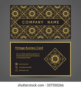 Luxury vintage business card. Vector editable template include front and back side, geometric pattern and contact icons