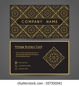 Luxury vintage business card. Vector editable template include front and back side, geometric pattern and contact icons