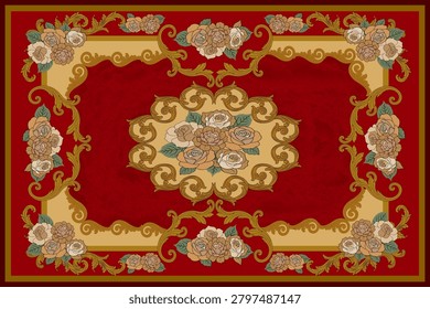 Luxury vintage carpet design featuring elegant rose bouquets, ornate Baroque scrollwork, decorative floral arrangements, and a rich red textured background. Inspired by classic European decorative arts and royal palace interiors, this sophisticated ornamental pattern combines romantic floral elements with intricate golden flourishes to create a timeless and luxurious appearance. Perfect for carpet manufacturing, textile printing, wallpaper, upholstery, home decoration, interior design, luxury branding, decorative backgrounds, and premium surface pattern projects. High-resolution floral artwork showcasing vintage elegance, classical beauty, and refined decorative craftsmanship.