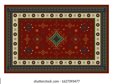Luxury vintage carpet design. Vector illustration of old persian rug geometric abstract texture for fabric textile and eastern interior. Red floor kilim embroidery ornament