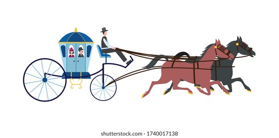 Luxury vintage carriage or horse coach, brougham colorful image, flat vector illustration isolated on white background. Antic historical vehicle symbol or sign.