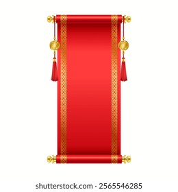 Luxury vintage Chinese scroll with copy space realistic vector illustration. Blank oriental New Year good luck symbol 3d object on white