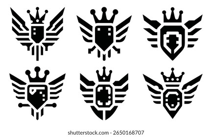 Luxo Vintage Crest Vetor Coleção - Retro Royal Emblem Designs com escudos heráldicos, leões, coroas e floreios ornamentais, escudo preto e branco ícone conjunto, vetor escudo eps arquivo