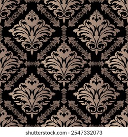 Patrón de damasco vintage de lujo en colores negro y dorado. Diseño ornamental clásico sin costuras para el Fondo de pantalla, la materia textil, el papel de embalaje, y la decoración interior de gama alta.