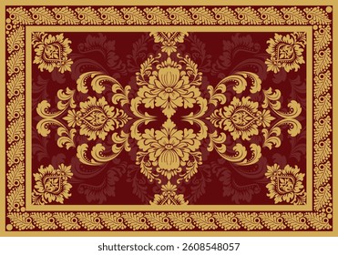 Luxury vintage damask pattern with golden floral elements on a rich burgundy background. Ideal for textiles, wallpapers, and interior design themes.