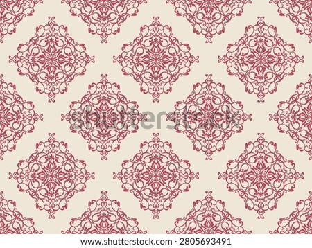 luxury vintage damask seamless pattern in burgundy red on cream beige background, classic baroque diamond ornament vector illustration for wallpaper, fabric, and textile design