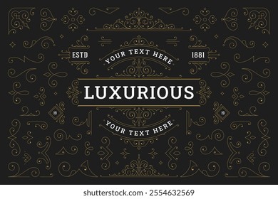 Luxury vintage filigree golden swirl antique ornament design element set vector illustration. Elegant classical flourishes old style text decoration frame corner logo for label cover card