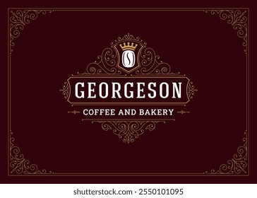 Luxury vintage flourishes ornate coffee bean in crown logo design template vector illustration. Classical elegant Victorian filigree golden emblem for premium coffeeshop bakery cafe cafeteria