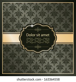 Luxury vintage frame on damask background in golden and chocolate brown colors. Vector illustration.
