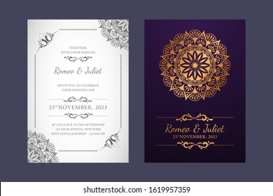 Luxury vintage golden vector double sided invitation card template design with colorful mandala and pattern vector