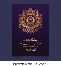 Luxury vintage golden vector invitation card template design with colorful mandala creative pattern