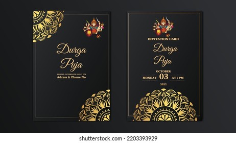 Luxury vintage golden vector invitation card template. Happy Durga Puja set of greeting cards, posters, entertainment covers. Durga Puja design with beautiful mandala, modern style, dark background