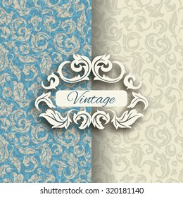 Luxury vintage Invitation card with floral Frame and vintage floral background. Retro-light blue and beige colored background
