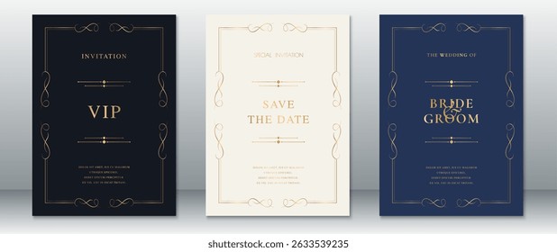Luxury vintage invitation card templates in dark navy, cream, and gold. Perfect for weddings, VIP events, or save the date designs.
