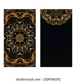 Luxury Vintage Invitation Or Wedding Card. Vector Illustatration. The Front And Rear Side. Gold on black color.