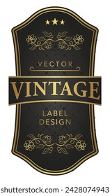 Vino de etiqueta vintage de lujo, invitación de boda, plantilla vectorial vintage negro y oro