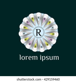 Luxury vintage letter R monogram (logo, sign, symbol, icon). Peacock feather design element stylish logo template. Restaurant or hotel, boutique ornate monogram emblems. Vector illustration.
