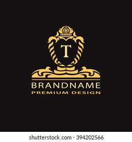 Luxury Vintage logo. Business sign, label, Letter emblem T for badge, crest, Restaurant, Royalty, Boutique brand, Hotel, Heraldic, Jewelery, Fashion, Real estate, Resort, tattoo, Auctions. Vector