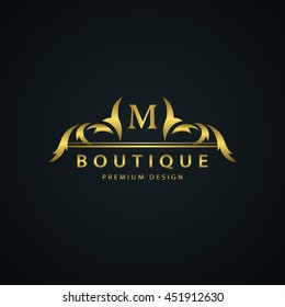 Luxury Vintage logo. Business sign, label, Letter emblem M for badge, crest, Restaurant, Royalty, Boutique brand, Hotel, Heraldic, Jewelry, Fashion, Real estate, Resort, tattoo, Auctions. Vector