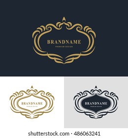 Luxury Vintage logo. Business sign, label. Emblem for badge, crest, Restaurant, Royalty, Boutique brand, Hotel, Heraldic, Jewelery, Fashion, Real estate, Resort, Auctions. Vector illustration