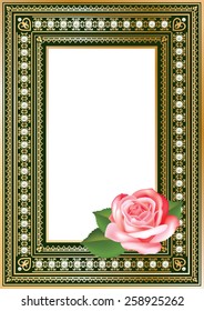 Luxury vintage ornate frame for your text or photo. Royal gold with pearls on dark green with realistic rose and leaves. Vector illustration.