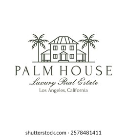 Luxury Vintage Palm Tree House Villa Resort Beach Logo Illustration