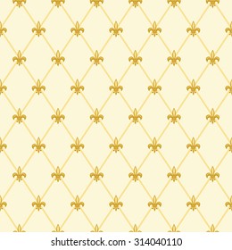 Luxury vintage seamless pattern with  golden fleur de lis on diamond shape grid background, ideal for curtains textile or bed linen fabric or interior wallpaper design etc