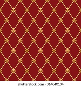 Luxury vintage seamless pattern with  golden fleur de lis on diamond shape grid background, ideal for curtains textile or bed linen fabric or interior wallpaper design etc