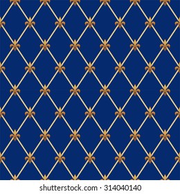 Luxury vintage seamless pattern with  golden fleur de lis on diamond shape grid background, ideal for curtains textile or bed linen fabric or interior wallpaper design etc