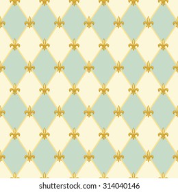 Luxury vintage seamless pattern with  golden fleur de lis on diamond shape grid background, ideal for curtains textile or bed linen fabric or interior wallpaper design etc