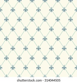 Luxury vintage seamless pattern with turquoise fleur de lis on diamond shape grid background, ideal for curtains, home textile or bed linen fabric or interior wallpaper design etc