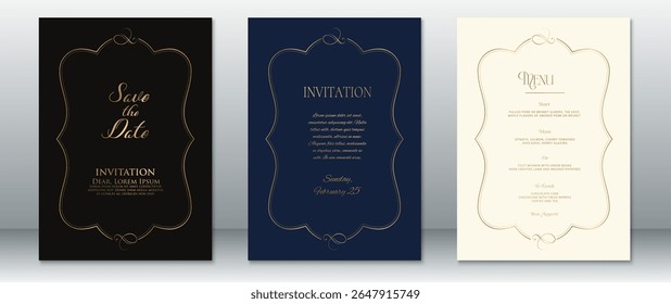 Luxury vintage style wedding invitation and menu card templates with golden curved borders on black, navy blue, and cream backgrounds. Perfect for classic, elegant, and formal wedding celebrations.