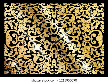 A luxury vintage vector card. Black background with beautiful ornaments and gold frame. Golden ornate decorative. Line art, lace, embroidery background. Shawl, scarf, tablecloth design for textile 