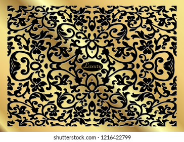 A luxury vintage vector card. Gold background with beautiful ornaments and black frame. Golden ornate decorative. Line art, wedding. Invitation card, table number, guest card, elegant creative design 