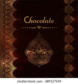 A luxury vintage vector card. Invitation with beautiful golden ornaments , lace border frame. chocolate template.