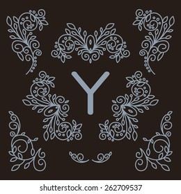 Luxury vintage vector set of floral line design elements for logos, frames and borders in modern style