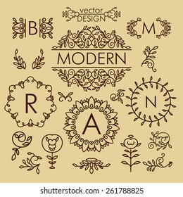 Luxury vintage vector set of line design elements for logos, frames and borders in modern style