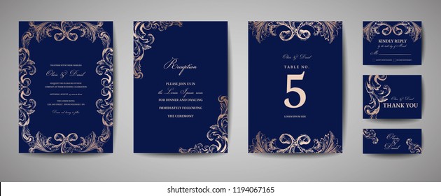 Luxury Vintage Wedding Save the Date, Invitation Navy Cards Collection with Gold Foil Frame and Wreath. Vector trendy cover, graphic poster, retro brochure, design template