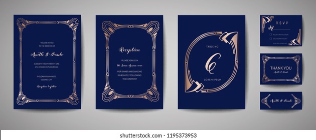 Luxury Vintage Wedding Save the Date, Invitation Navy Cards Collection with Gold Foil Frame and Wreath. Vector trendy cover, graphic poster, retro brochure, design template