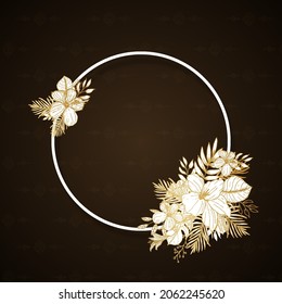 Luxury vintage wedding template with round frame gold floral line art