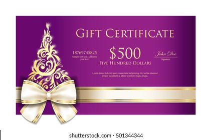 Luxury violet Christmas gift certificate with cream ribbon and gold ornament Christmas tree