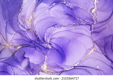 Luxury violet liquid watercolor background with golden stains. Royal purple marble alcohol ink drawing effect. Vector illustration design template for wedding invitation, certificate, menu